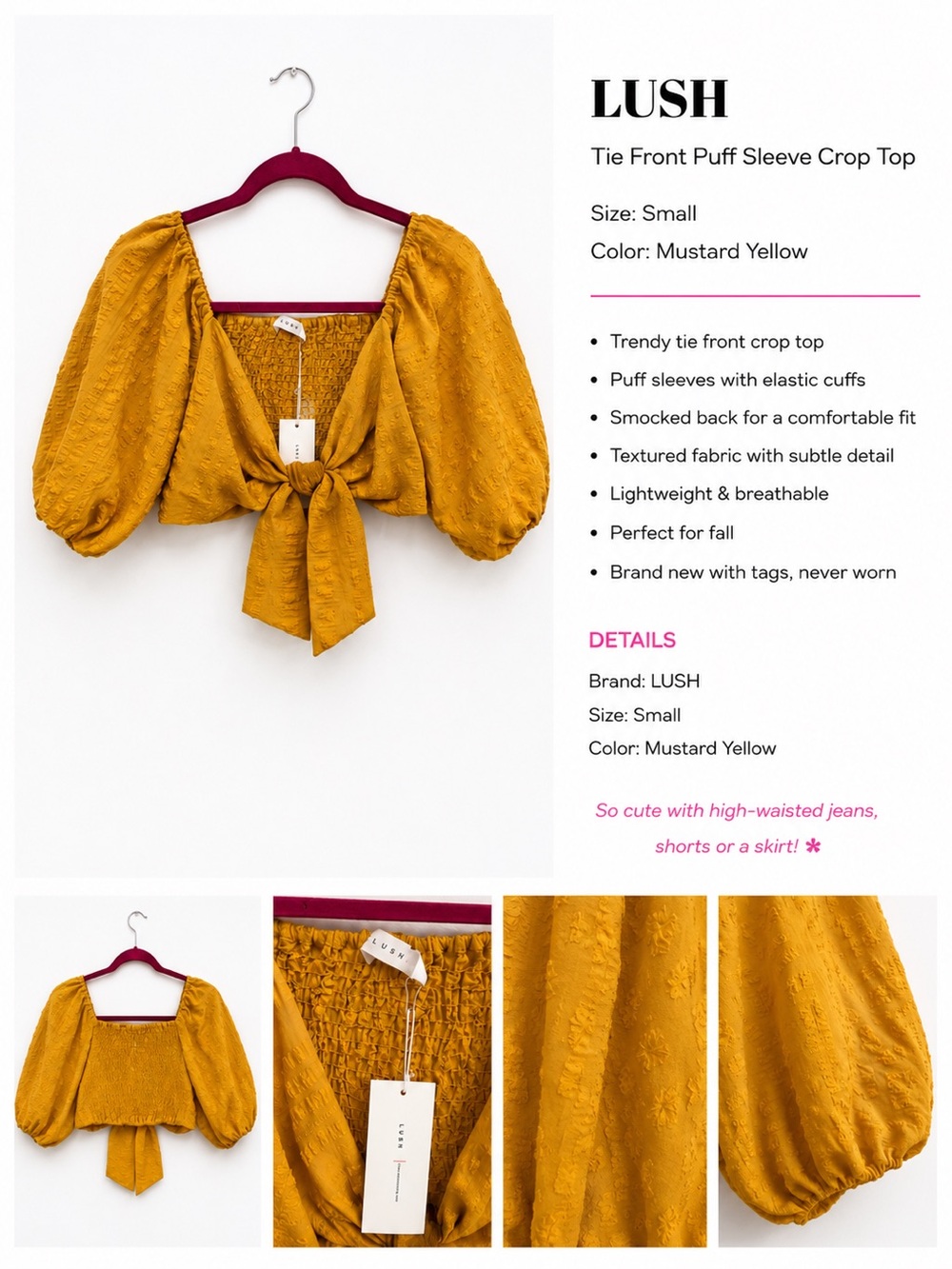 LUSH Mustard Yellow Tie-Front Puff Sleeve Crop Top